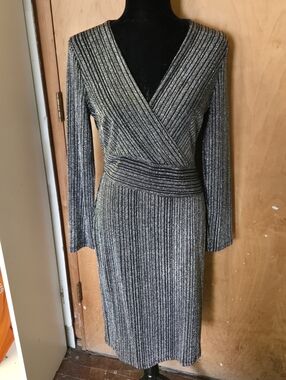 Metallic Silver Ribbed Wrap-Front Women’s Dress
